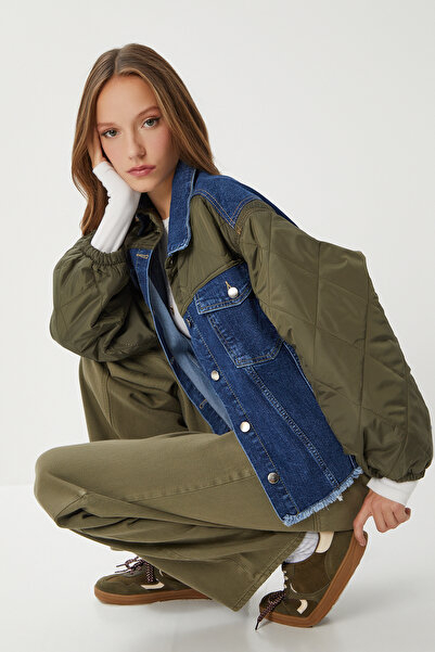 Lovelyİstanbul Kapitone Detaylı Denim Ceket LRW0002 KOYU MAVİ HAKİ