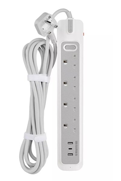 RAFEED تمديد الطاقة الكهربائية 4 مقابس 5 متر مع 2 USB-A و 1 USB-C أبيض/رمادي