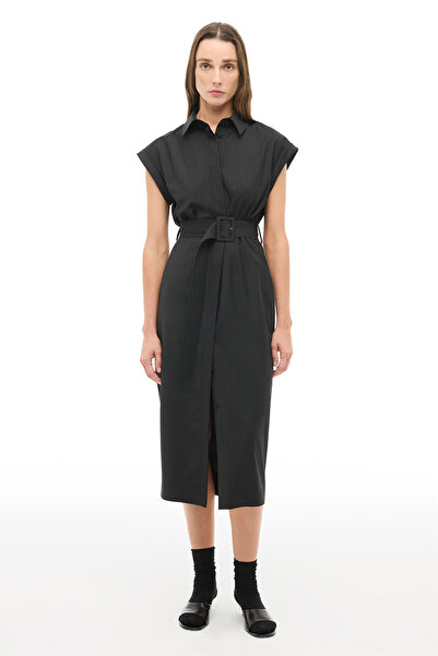 Perspective Black Striped Shirt Collar Midi Length Dress