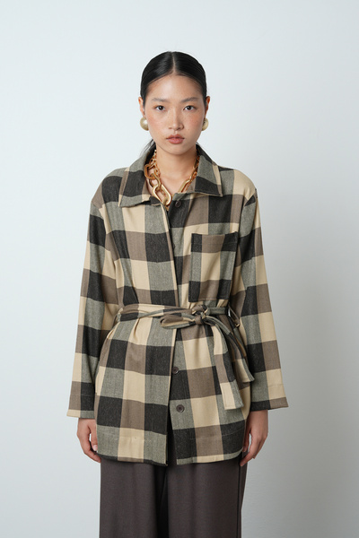 Orfeo Negro Γυναικείο πουκάμισο-μπουφάν με καρό σχέδιο με μονή τσέπη και ζώνη