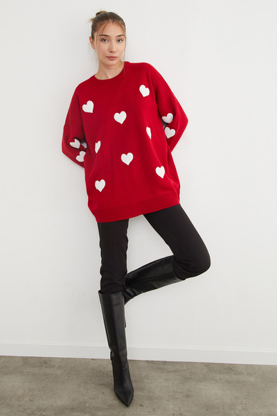 Fulla Moda Heart Embroidered Oversize Knitwear Sweater