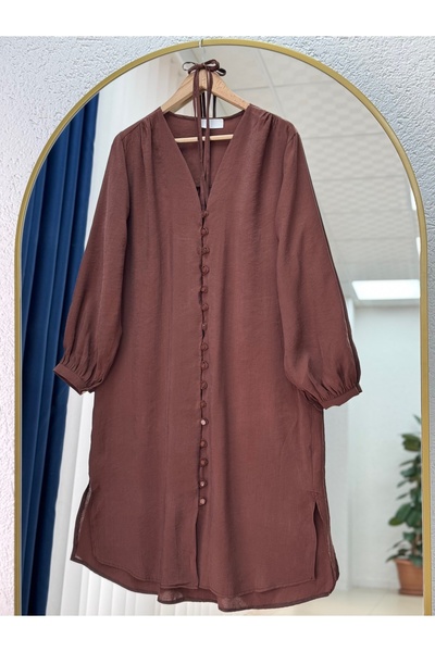 BENAHOLL Lunana Önü Düğmeli Biyeli Modal Cupra Uzun Tunik-EK612 Kahve
