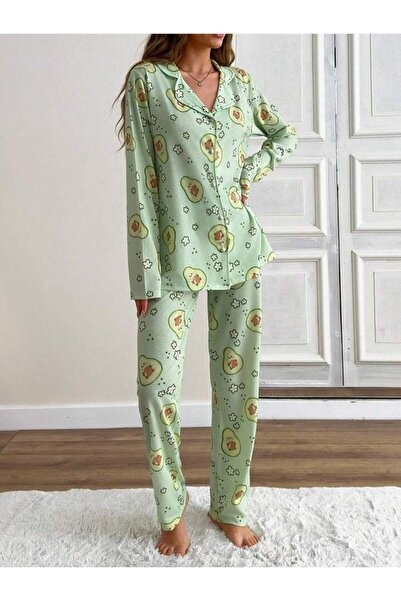 GAZANİGA Kadın Gecelik Desenli Likralı Pijama Gömlek Takımı AVAKADO