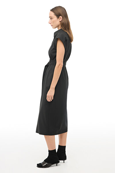 Perspective Black Striped Shirt Collar Midi Length Dress