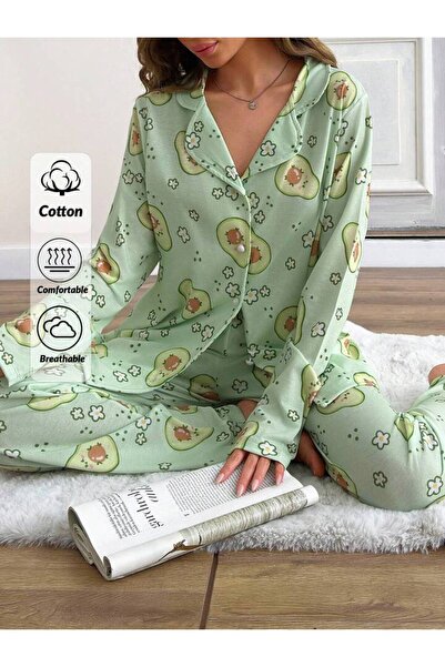 GAZANİGA Kadın Gecelik Desenli Likralı Pijama Gömlek Takımı AVAKADO