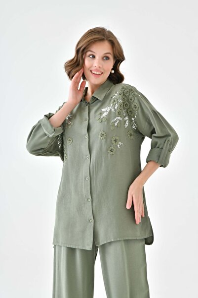 MVStore Women's Floral Pattern Embroidery Embroidered Linen Loose-Fit Shirt and Trousers