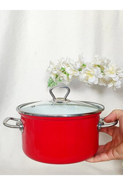 EBRULİEMAYE Red Enamel Pot 3.4 Liters 22 cm Diameter Milk Yogurt Soup Pot with Chrome Detail