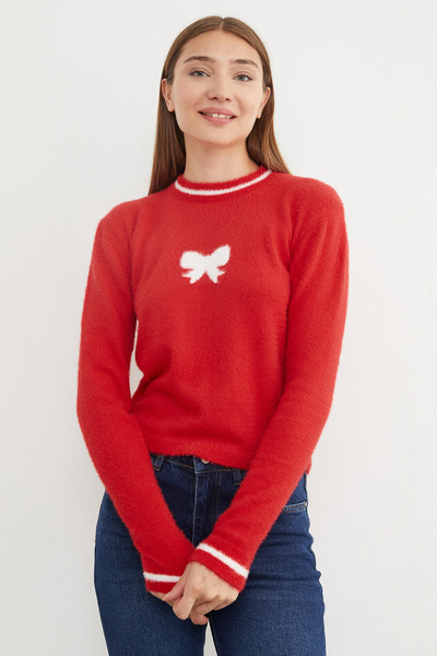 Fulla Moda Kurdele Desenli Bisiklet Yaka Sakallı Kazak