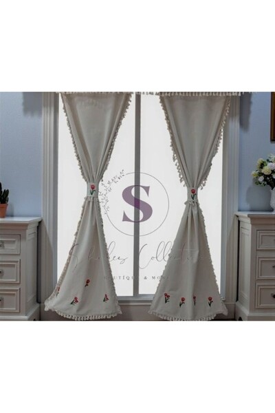 shules collection Tulip Embroidered Tasseled Vintage Cotton Linen Curtain (Width X Length) - Single Panel - No Pleats