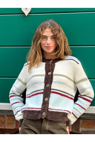 Retrobird Striped Cozy Cardigan Women's Off-White