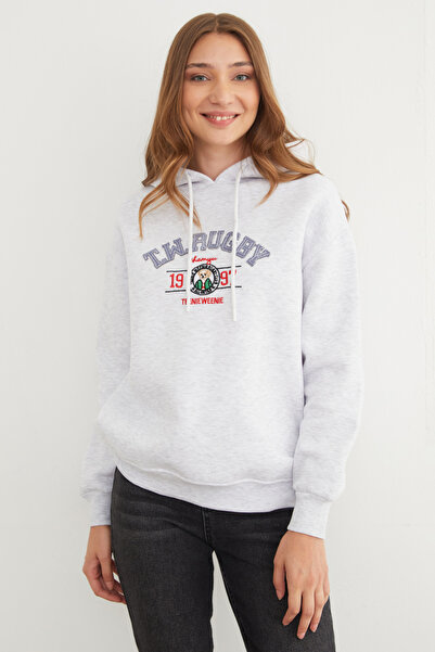 Fulla Moda 3 İplik Rugby Nakışlı Kapüşonlu Sweatshirt