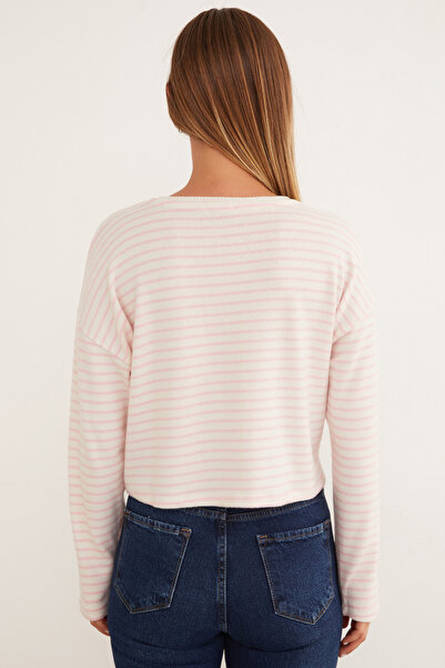 Fulla Moda Çizgili Crop İnce Triko Kazak