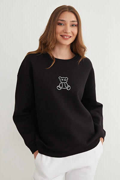 Fulla Moda 3 İplik Ayıcık Baskılı Bisiklet Yaka Sweatshirt