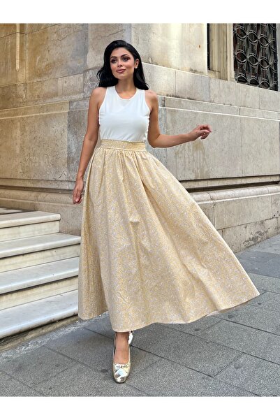KÜÇÜĞÜM BUTİK Yellow Crispy Floral Poplin Flared Skirt