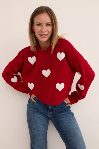 Fulla Moda Kalp Nakışlı Crop Triko Kazak