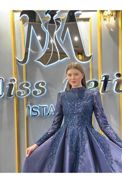 MissBetül Tesettür Kapalı Dantelli Saten Abiye Nişan Elbisesi