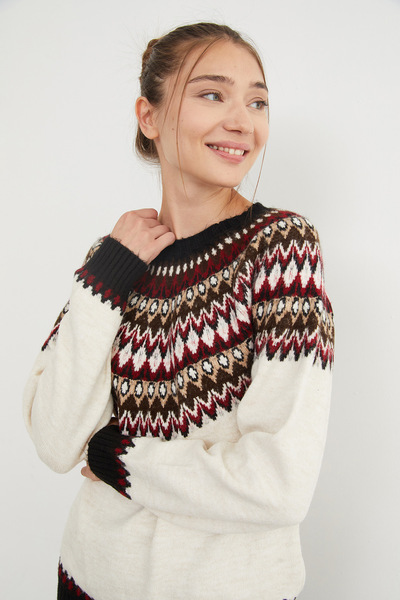Fulla Moda Patterned Crew Neck Knitwear Sweater