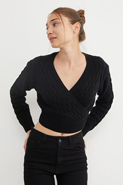 Fulla Moda Saç Örgüsü Desenli Kruvaze Yaka Triko Kazak