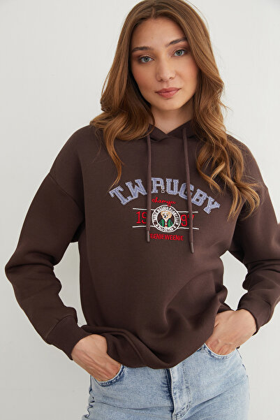 Fulla Moda Φούτερ με κουκούλα με κέντημα ράγκμπι με 3 κλωστές