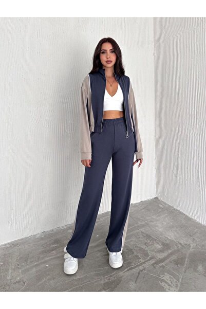 Pimody Women's Smoked Zippered Modal Tracksuit Set Fabric Tracksuit