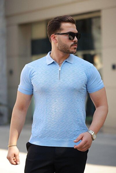 Lady Moss Men's Zipper Collar Diamond Pattern Short Sleeve Shirt