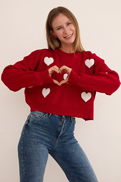 Fulla Moda Heart Embroidered Crop Knit Sweater