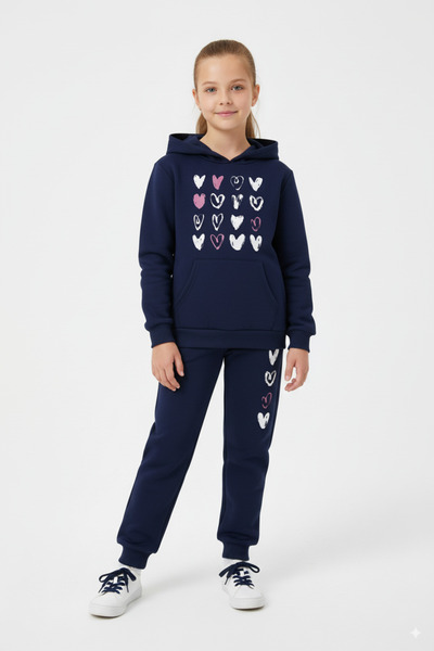 FYK KİDS 3 részes, kapucnis, szívmintás, részletezett, kenguru zsebes lányka tréningruha szett