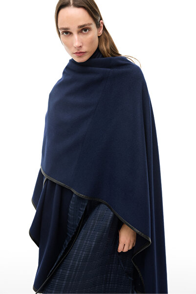 Perspective Navy Blue Midi Length Floral Patterned Poncho