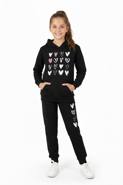 FYK KİDS 3 részes, kapucnis, szívmintás, részletezett, kenguru zsebes lányka tréningruha szett