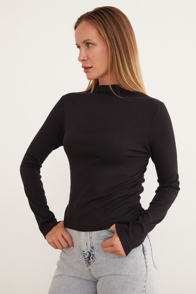 Fulla Moda Βασική μπλούζα με ψηλό γιακά με ντραπέ στο πλάι