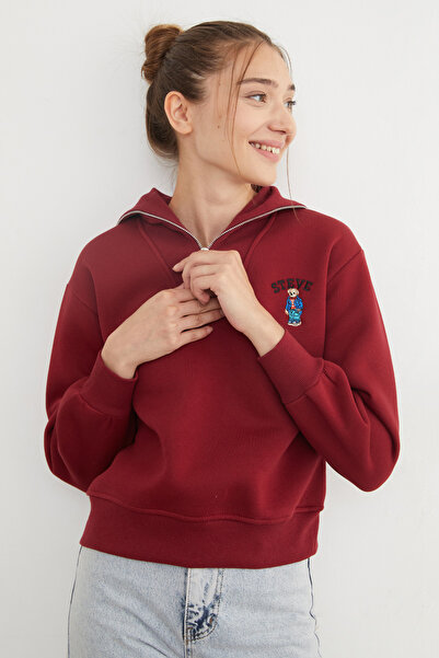 Fulla Moda Hanorac cu jumătate de fermoar brodat cu ursuleț cu 3 fire