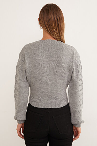 Fulla Moda Hair Braid Patterned Double Breasted Collar Knitwear Sweater