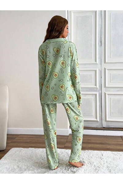 GAZANİGA Kadın Gecelik Desenli Likralı Pijama Gömlek Takımı AVAKADO
