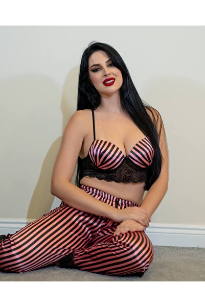 Lama Lingerie Women's 2-Piece Stripe Patterned Satin Women's Pajama Set