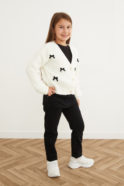 Fulla Moda Ribbon Embroidered Buttoned Girls' Cardigan