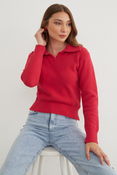 Fulla Moda Basic Shirt Collar Bearded Sweater