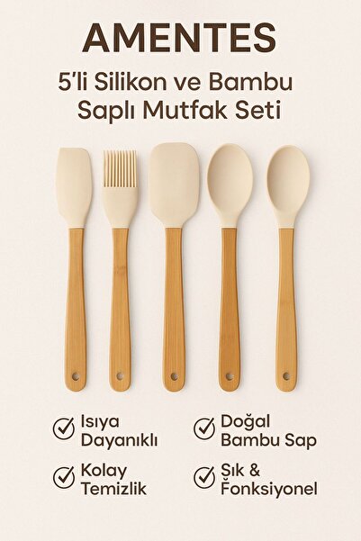 Amentes 5 Li Mini Bambu Spatula Seti - Krem