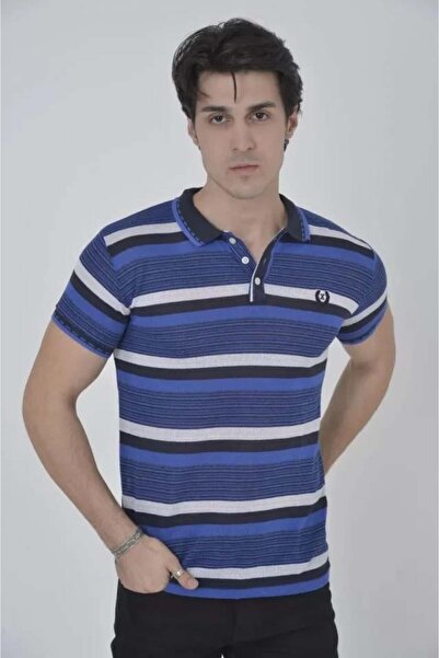 BLACK MODBLACK Men's Collared Slim Fit Woven Striped T-Shirt - Blue