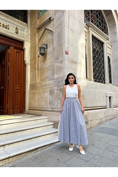 KÜÇÜĞÜM BUTİK Gray Crisp Floral Poplin Flared Skirt