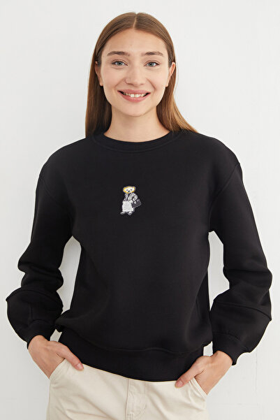 Fulla Moda 3 İplik Ayıcık Nakışlı Bisiklet Yaka Sweatshirt