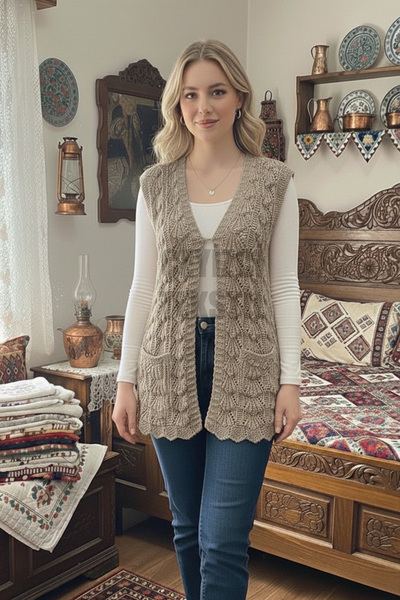 Çt Çeyizci Tekstil Special Design Oyster Vest, Dowry Vest Brown