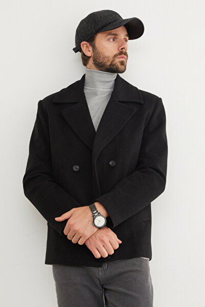 Fulla Moda Düğmeli Kruvaze Yaka Kaşe Kaban