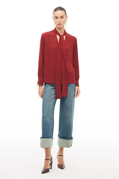 Perspective Burgundy Tie Neck Blouse