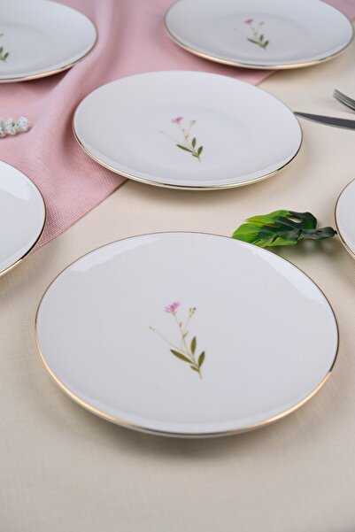 tabakevi Tabak Evi Porcelain Natura Broadcloth Gold Gilded Cake Plate 20.50cm Set of 6