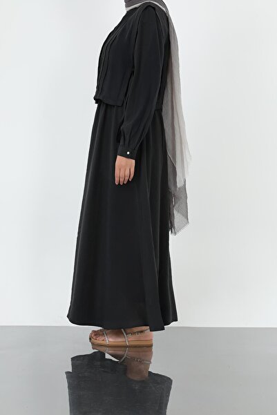 Loreen Γυναικείο φόρεμα με πλισέ με λεπτομέρειες και κουμπιά μπροστά – 20692ELB - Μαύρο