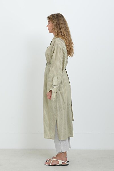 Puane Women's Belted Striped Tunic Shirt-10701Tun - Almond Green