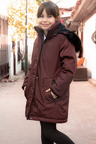 Cansın Mini Burgundy Fur Lined Detachable Hooded Girl's Coat 21550