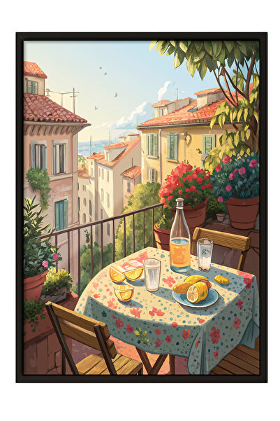 Zestia Tablou cu ramă neagră, peisaj de balcon și stradă în stil toscan, post...