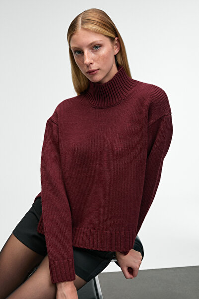 GRIMELANGE Joyita Women's Turtleneck Oversize Knitwear Burgundy Sweater