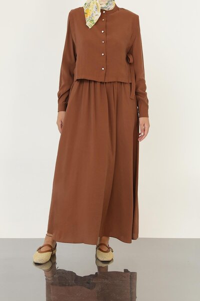 Loreen Γυναικείο μακρυμάνικο μάξι φόρεμα με μίνιμαλ κουμπιά-20691ELB - Καφέ